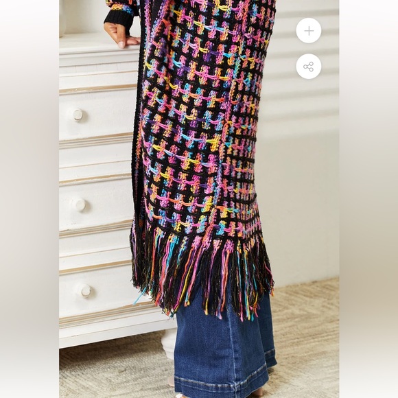 New Multicolor black long bohemian cardigan coat with fringes size s/m - Picture 7 of 15